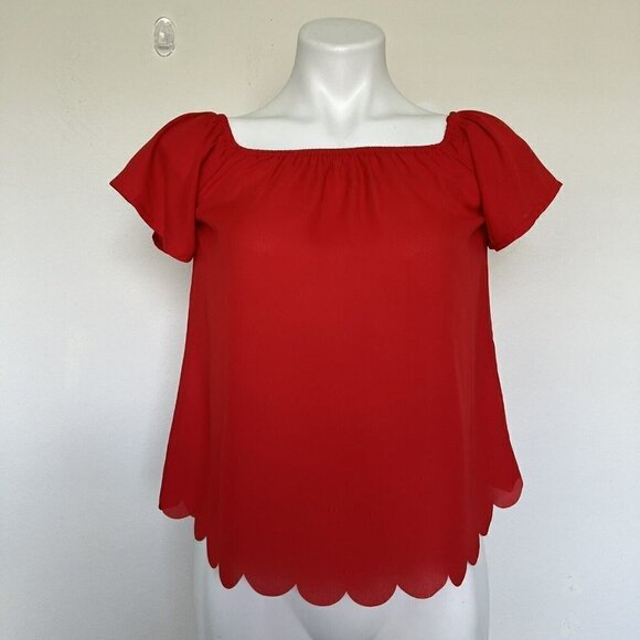 Anthropologie Everly Scallop blouse Top off shoulder Red XSMAL NWOT - Picture 1 of 7